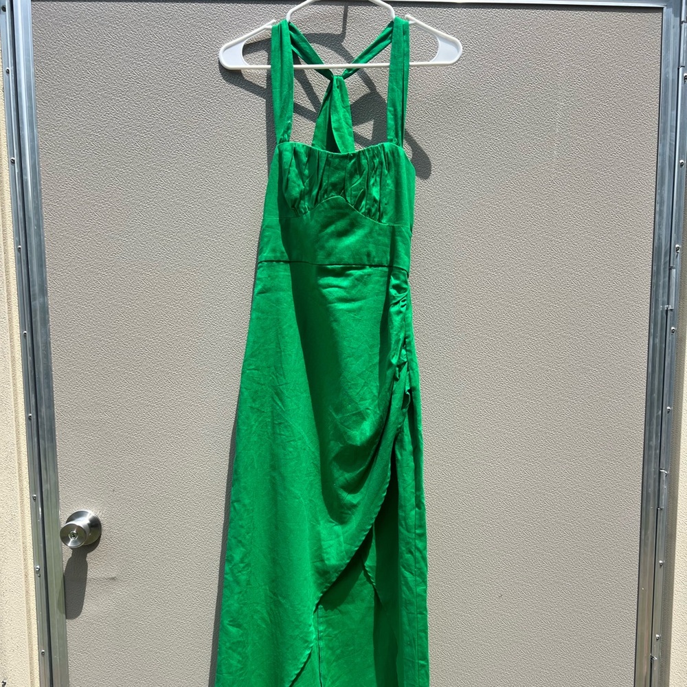 NEW Zara Linen Blend Green Draped Midi Dress Women Size Small